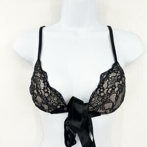 Intimissimi Lingerie Womens Whimsigoth Coquette Tie Front Plunge‎ Lace Bra Black